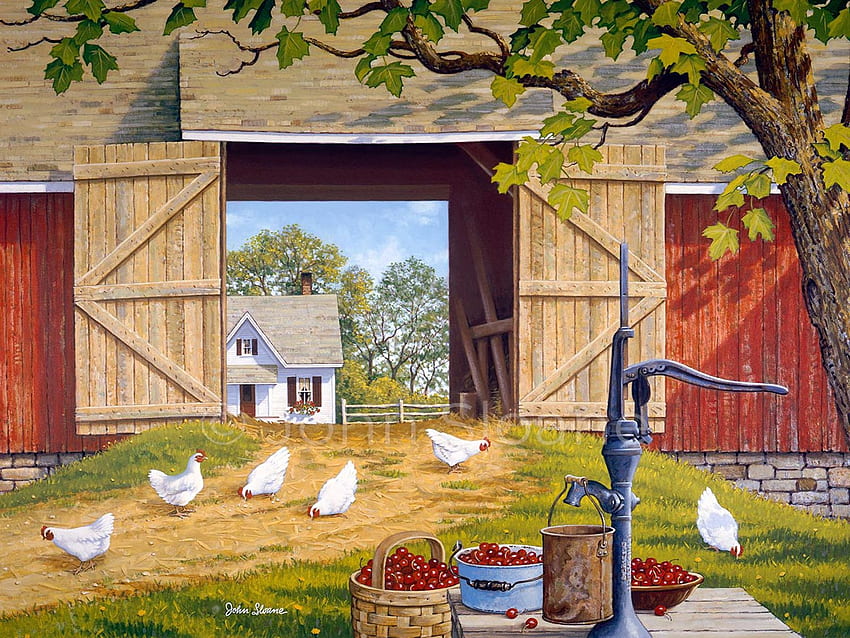 Cherry Picking Time, stable, poultry, hens, painting HD wallpaper