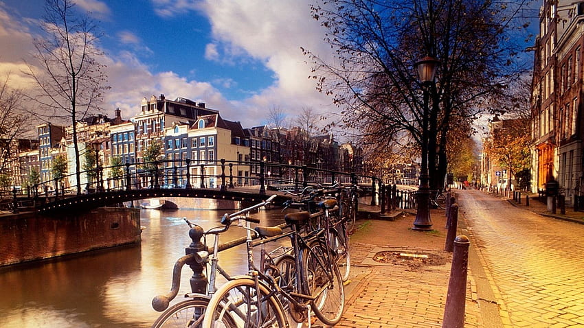 amsterdam, bicycles, street, night, Amsterdam Skyline HD wallpaper