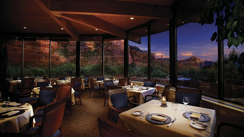 アリゾナ州セドナの美しいレストランからの眺め、レストラン、景色、砂漠、山、岩 高画質の壁紙