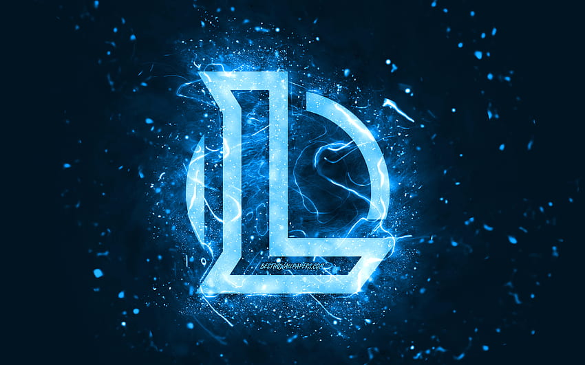 Синьо лого на League of Legends, , LoL, сини неонови светлини, творчески, син абстрактен фон, лого на League of Legends, лого на LoL, онлайн игри, League of Legends HD тапет