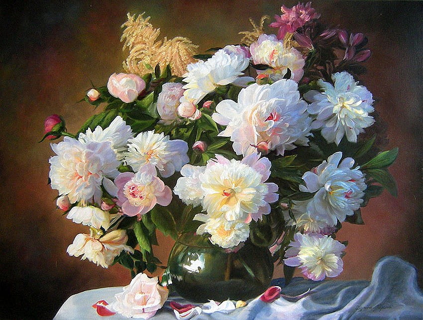 Bunga untuk Barb, meja, karangan bunga, lukisan, kelopak bunga, vas, bunga, kain, air Wallpaper HD