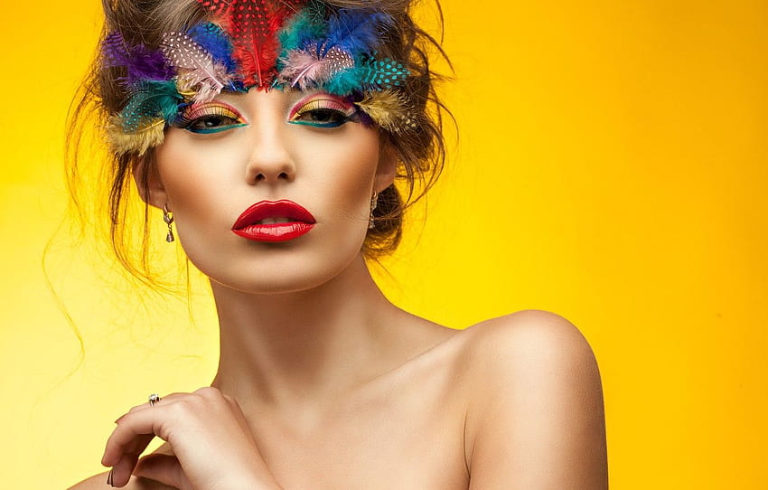 eyes, look, girl, face, hand, feathers, makeup, shoulders, Yellow Makeup HD wallpaper