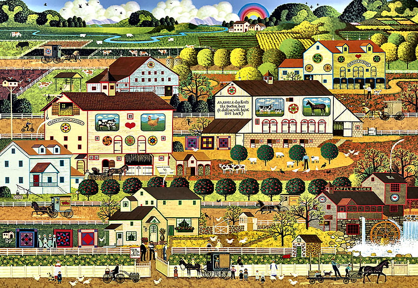 Amish Country F, architektura, sztuka, kraj, piękny, Karol Wysocki, ilustracja, domy, grafika, sceneria, szeroki ekran, Wysocki Tapeta HD