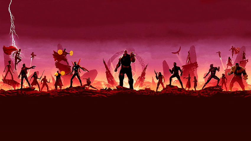 Groot, Mapache Cohete, Starlord, Drax el Destructor, Pantera Negra, Thanos minimalista fondo de pantalla