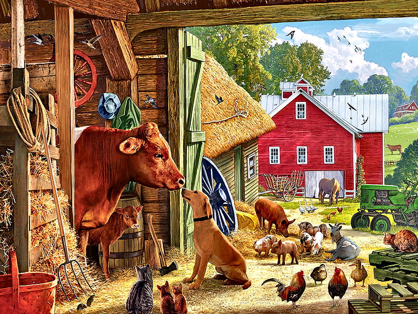 Barnyard Buddies F1C, chien, cheval, félin, peinture, mouton, équin, poulets, art, chat, beau, œuvre d'art, cochons, écran large, vaches, animaux de compagnie, canin, animaux de la ferme Fond d'écran HD