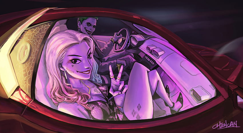 Joker And Harley Quinn In The Car のアートワーク、スーパーヒーロー 高画質の壁紙