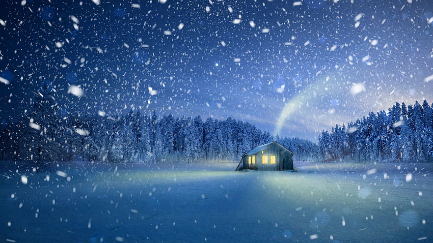Przyroda, magia, śnieg, mały dom, domek, wróżka, bajeczny, opady śniegu Tapeta HD