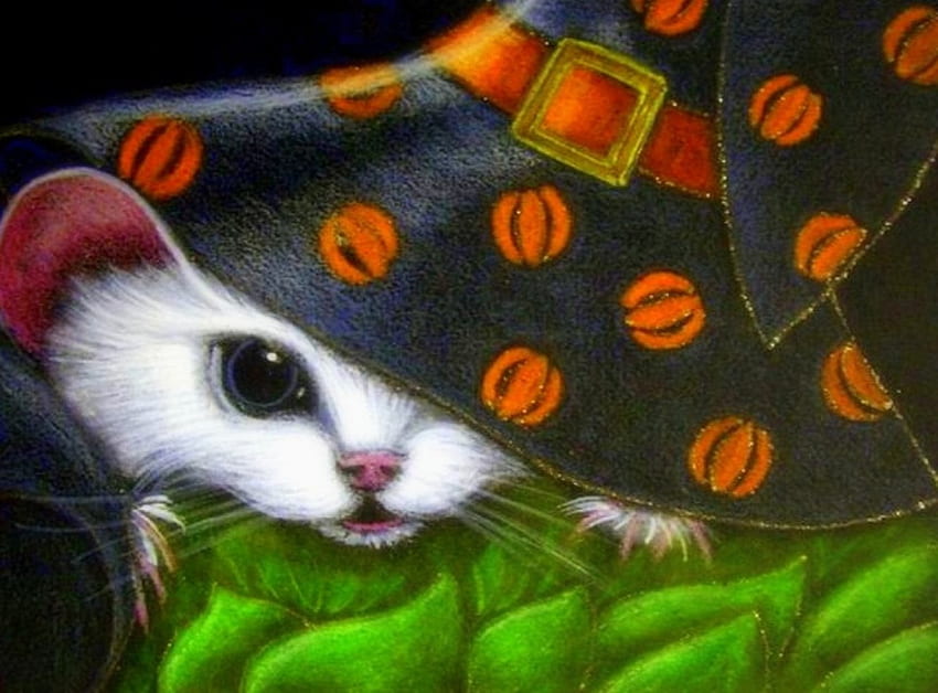Witch White Mice, pinturas, ratos, bruxa, abóboras, amor quatro estações, halloween, feriado, rato, animais, rato, chapéu papel de parede HD