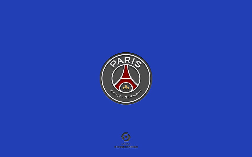 PSG, niebieskie tło, francuska drużyna piłkarska, godło PSG, Ligue 1, Paryż, Francja, piłka nożna, Paris Saint-Germain, logo PSG Tapeta HD