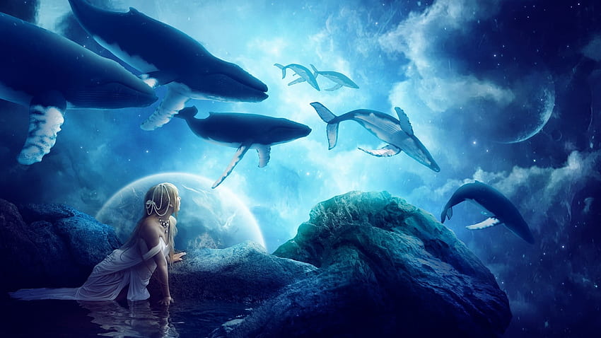 whale fantasy art planet artwork clouds water reflection blue animals JPG 296 kB HD wallpaper