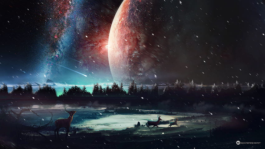 Fantasi, Seni, Alam Semesta, Bintang, Planet, Rusa Wallpaper HD
