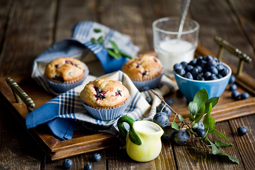 BREAKFAST in Delicious Blue, blue, utensils, blueberry, delicious, berry, food, muffins, still life, tray, breakfast, napkins HD wallpaper