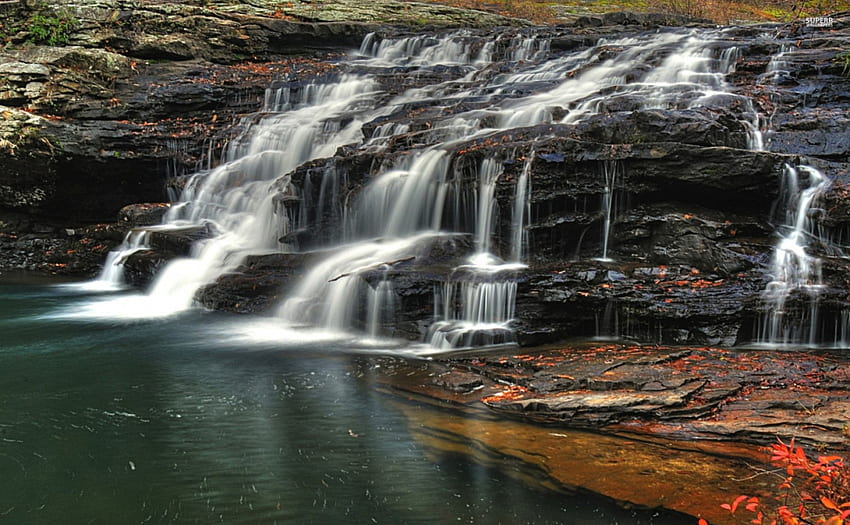 cascading waterfall, waterfall, water, cascade, rock HD wallpaper