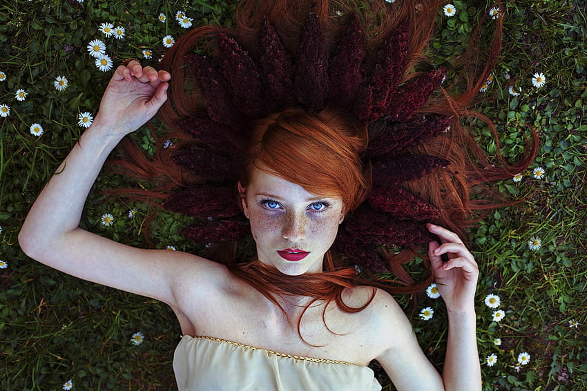 Beauty, model, green, freckles, redhead, grass, girl, woman HD wallpaper