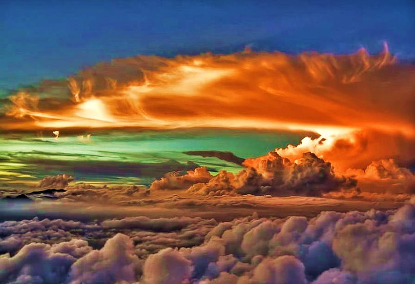 Cloud walking, blanc, vert gris, orange, ciel bleu, vaporeux, gonflé, nuages, nature, ciel, soleil Fond d'écran HD