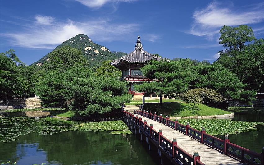 Japanese Garden Pond Wood Bridge Pagoda Hills South Korea Temple - Resolution:, Korean Garden Wallpaper HD