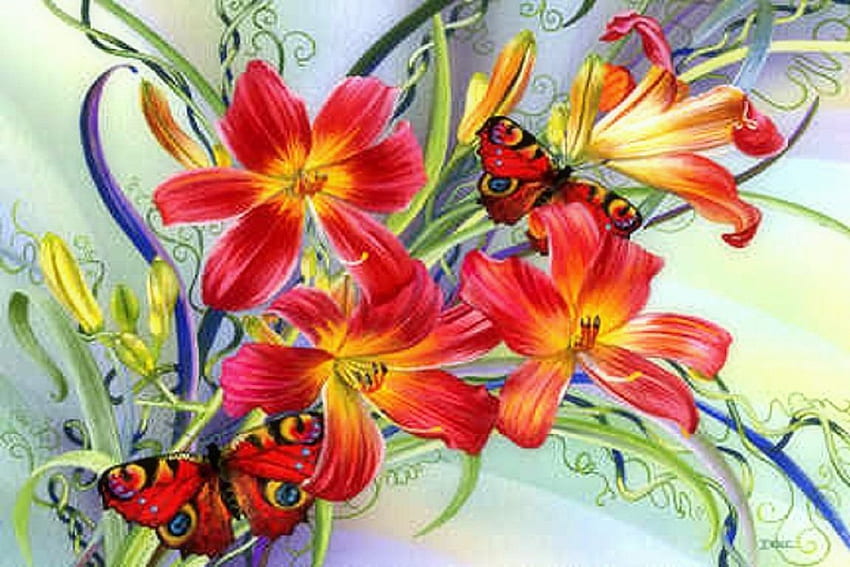 ✫Bright Lilies Waltz✫、カラフル、最愛のバレンタイン、植物、色、デジタル アート、春、蝶、動物、明るい、絵、蝶のデザイン、庭、絵画、美しい、素敵な花、創造的な既成品、愛の四季、花 、 素晴らしい 高画質の壁紙