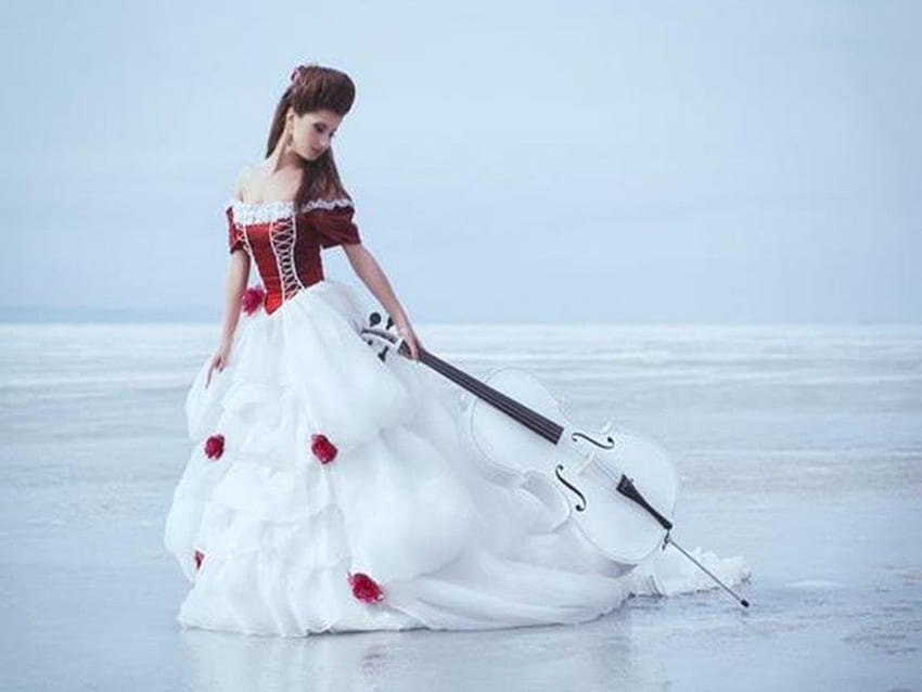 Woman With Violin, white violin, white red long dress, beautiful, sea beach, water, woman HD wallpaper