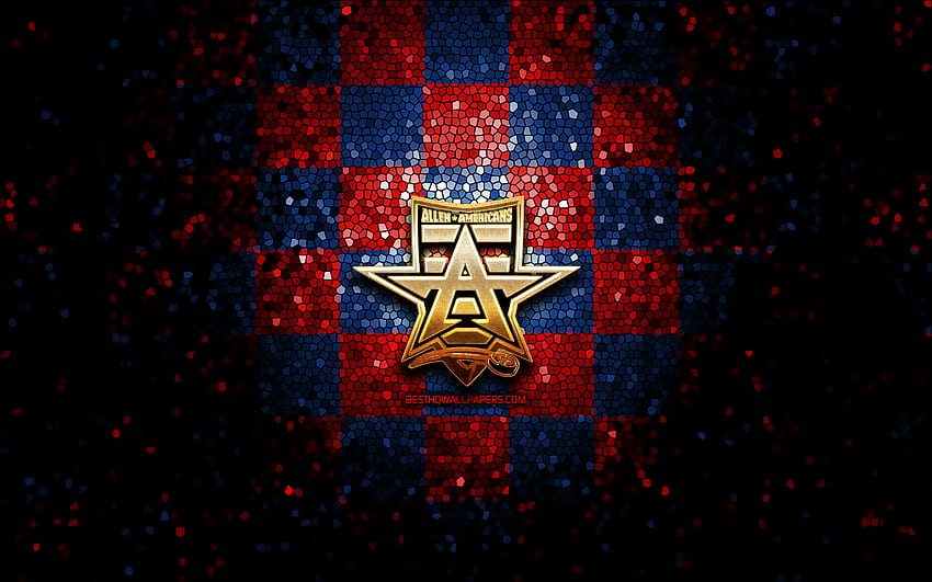 Allen Americans, glitter logo, ECHL, red blue checkered background, hockey, american hockey team, Allen Americans logo, mosaic art HD wallpaper