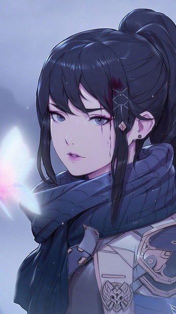 uprightwren434 pretty anime style girl wlop and artgerm black hair  blue eyes ice magic theme background female knight clothing