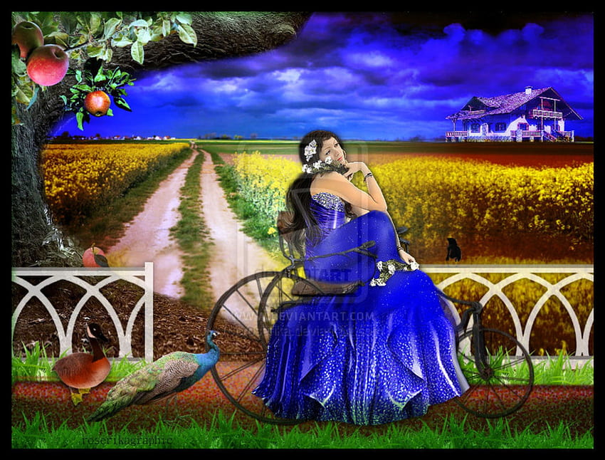 ~Rural Tourism~, birds, emotional, plants, colors, mushroom, animals, fence, bright, blue dress, trees, peacock, apple tree, female, house, grass, fantasy, pretty, fields, weird thing people wear, models, hair, lovely, home, colorful, digital art, dress, rural, bike, beautiful, people, backgrounds, tourism, creative pre-made, manipulation, cool, clouds, girls, sky, flowers, women HD wallpaper