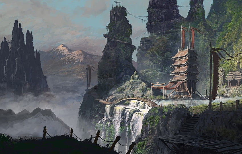 mountains, Asia, people, art, temple, bridges for , section живопись, Asian Mountain HD wallpaper