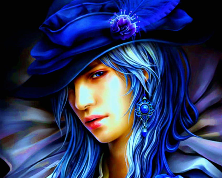 Guy in blue, fantasy, face, blue hair, guy, hat HD wallpaper