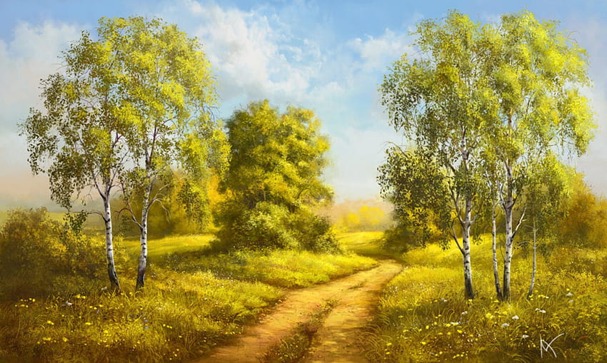 Birch, pohon, lukisan, jalan Wallpaper HD