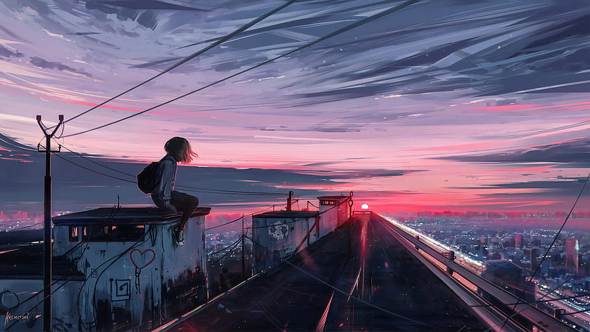 Premium AI Image | alone anime girl standing on building rooftop watching  the city sky scrapers during night sky