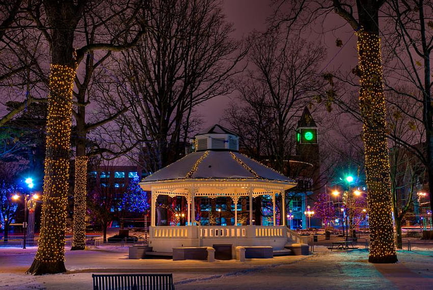 Коледен парк, нощ, беседка в парка, изкуство, декорация, сняг, дървета, красиво, коледно осветление HD тапет