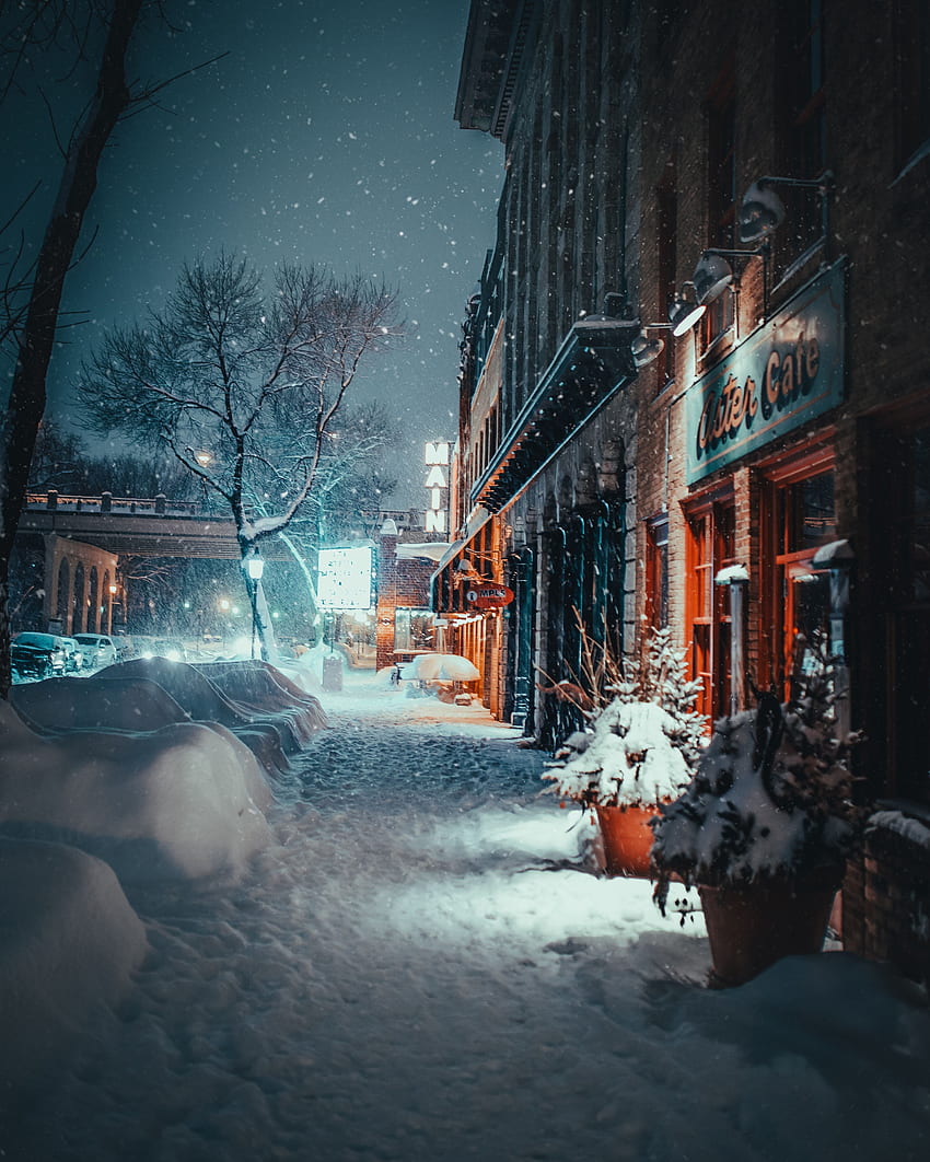 เมือง ฤดูหนาว เมือง อาคาร ตอนเย็น ถนน หิมะตก วอลล์เปเปอร์โทรศัพท์ HD