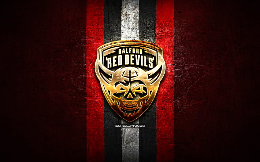 Setan Merah Salford, logo emas, SLE, latar belakang logam merah, klub rugby Inggris, logo Setan Merah Salford, rugby, Setan Merah Salford RLFC Wallpaper HD