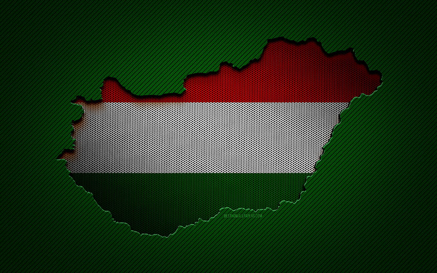 Peta Hongaria, , negara-negara Eropa, bendera Hongaria, latar belakang karbon hijau, siluet peta Hongaria, bendera Hongaria, Eropa, peta Hongaria, Hongaria, bendera Hongaria Wallpaper HD