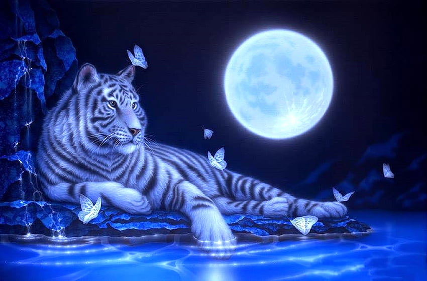 Moonlight White Tiger, butterflies, love four seasons, tiger, animals, butterfly designs, paintings, white tiger, moons HD wallpaper