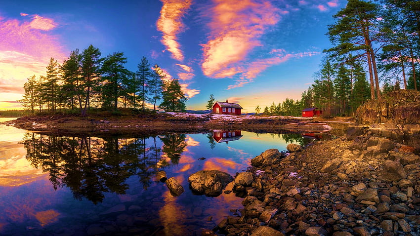 Вечер в Рингерике, Норвегия, отражения, къща, пейзаж, дървета, облаци, цветове, небе, вода HD тапет