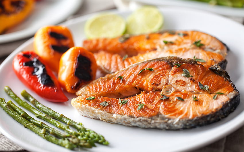 Grilled Fish, Seafood, Peppers HD wallpaper
