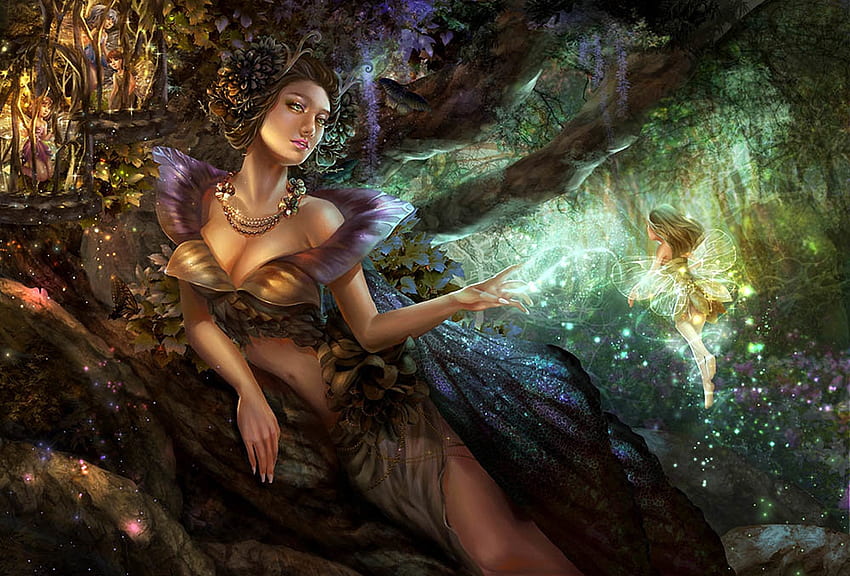 Titania, frumusete, girl, fairy, fantasy, hoanglapsolan, luminos, queen, forest HD wallpaper