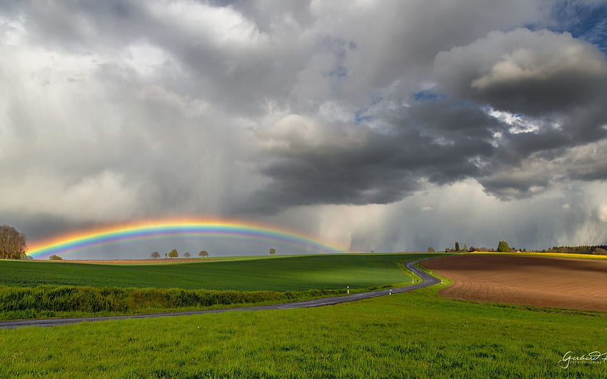 Turbulent Weather in Germany, rainbow, field, clouds, Germany, storm HD wallpaper