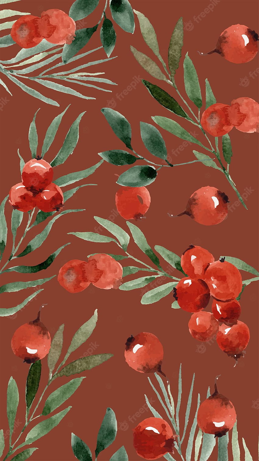 プレミアムベクター。 赤い桜と冬の葉の審美的な電話の水彩画、茶色の審美的な HD電話の壁紙