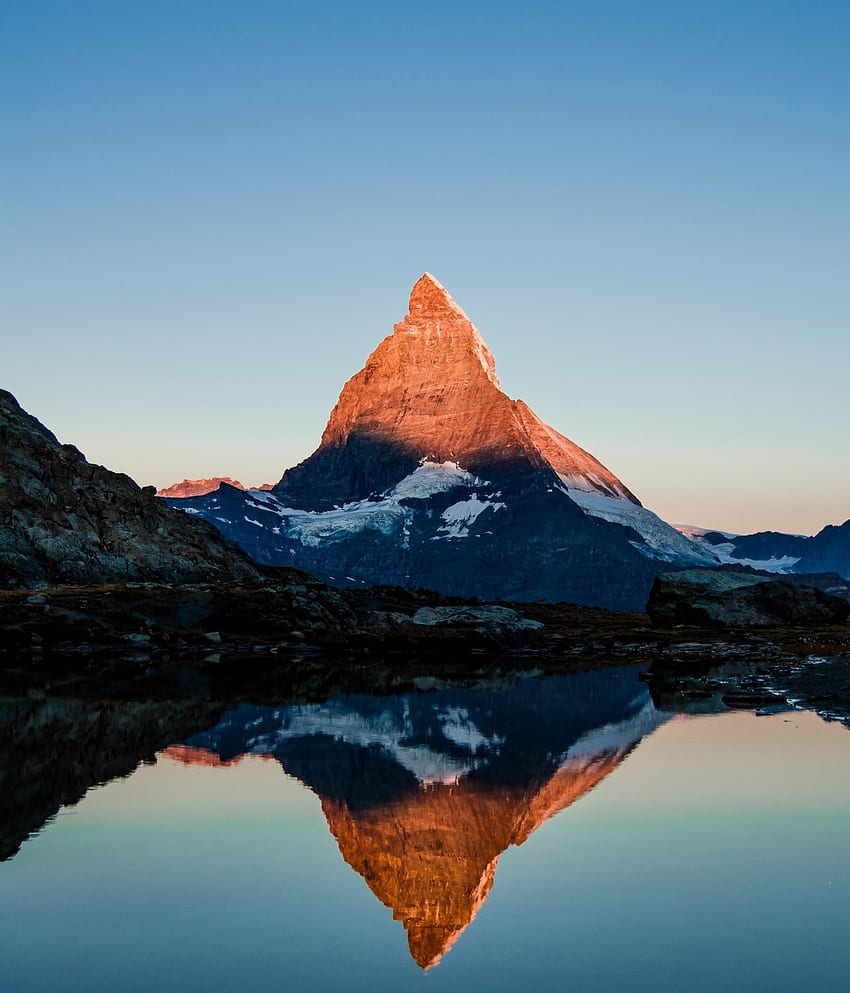 Matterhorn, mountain, glow, sunset, lake HD phone wallpaper