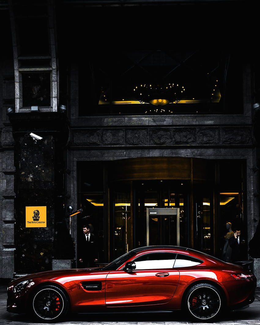 red coupe parked in front of black and gray building during daytime – Car, Black and Red Luxury HD phone wallpaper