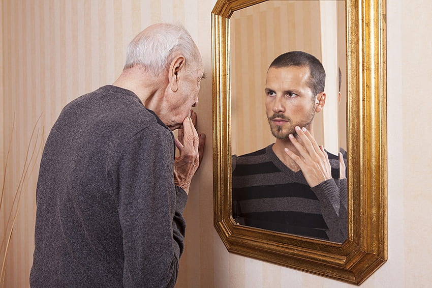 Men Old man reflected Mirror, Old and Young HD wallpaper