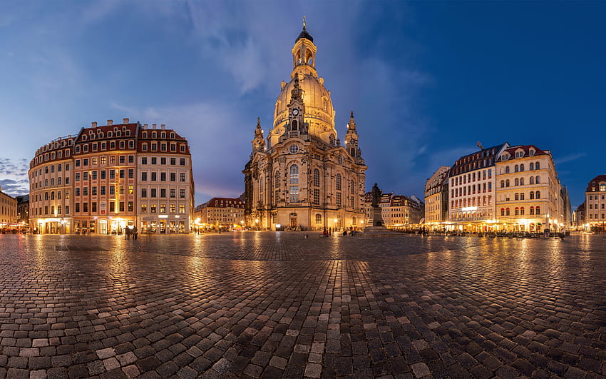 Dresden, Frauenkirche, gereja, malam, matahari terbenam, Neumarkt, alun-alun Dresden, tengara, lanskap kota Dresden, Jerman Wallpaper HD