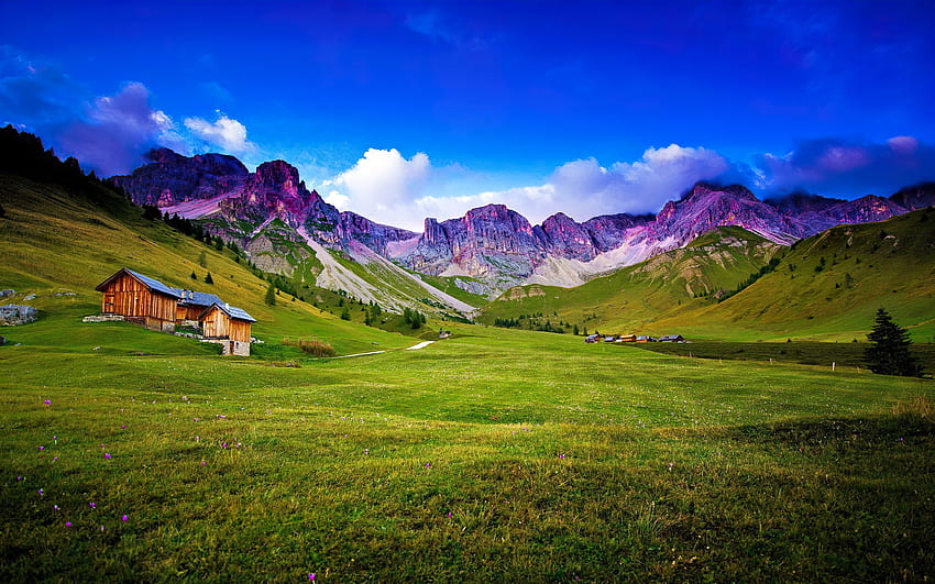 paisagem montanhosa, verão, linda, grama, prado, primavera, casas, montanha, aldeia, céu papel de parede HD