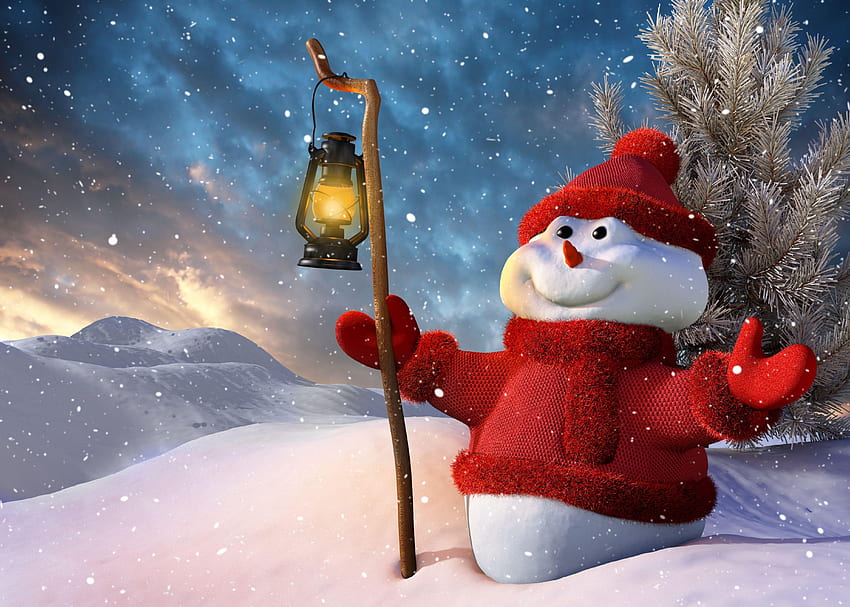 Празници, Нова година, Сняг, Снежен човек, Коледа, Усмивка, Фенер, Лампа, Коледна елха HD тапет