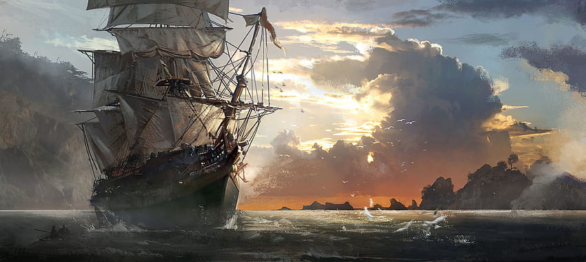 Weiße und graue Schiffsmalerei, Kunstwerk, Schiff, Segelschiff, Schwarz-Weiß-Schiff HD-Hintergrundbild