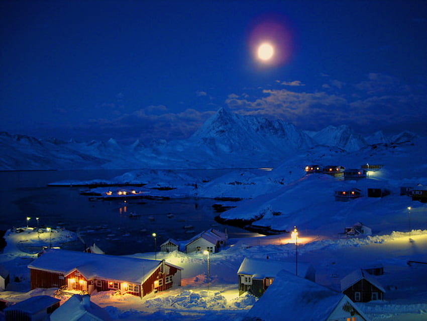 Notte d'inverno, inverno, notte, blu, luna, luci, case, montagne, lago Sfondo HD