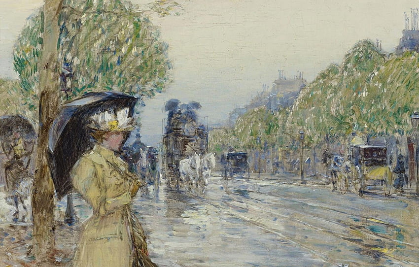 girl, street, , umbrella, the urban landscape, Frederick Childe Hassam, Childe Hassam, Rainy Day on the Avenue for , section живопись, Rainy Day Painting HD wallpaper