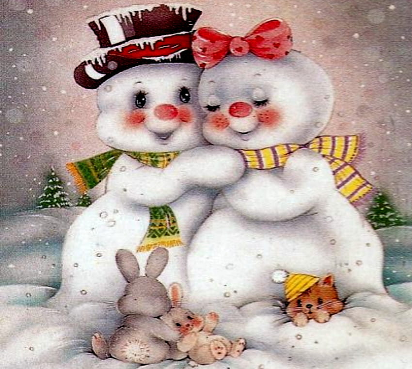 Valentine Sweet Hearts, Bow, Snowman, Animals, Snow Woman, Valentine, Sweet, Hearts, Hat, Snow Man HD wallpaper