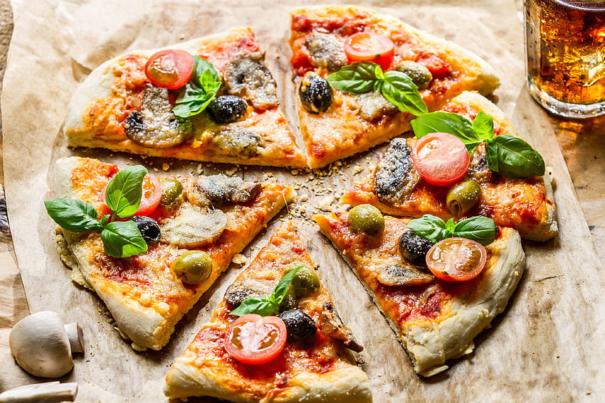 pizza, food, slices, olives, mushrooms, cherry tomatoes, Cool Pizza HD wallpaper